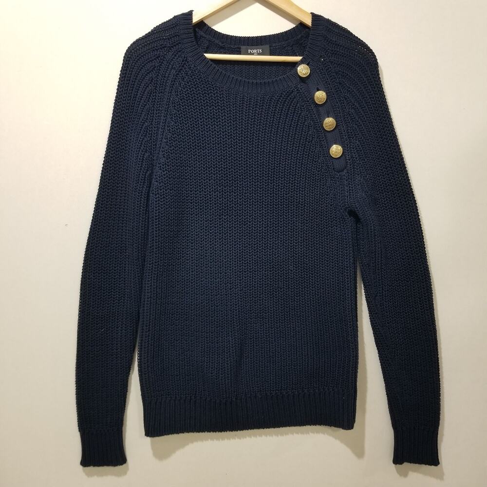 PORTS 1961 Gold Logo Button Knitwear $460 Size Small Sweater Blue Nautical